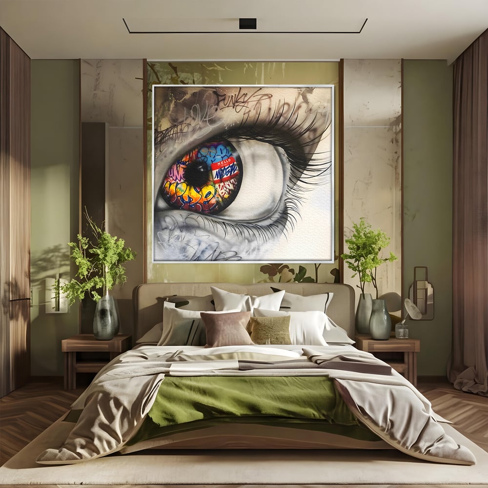Tablou canvas cu tablou canvas cu ochi uman si graffiti, in rama de aluminiu argintiu, pe perete intr-un dormitor